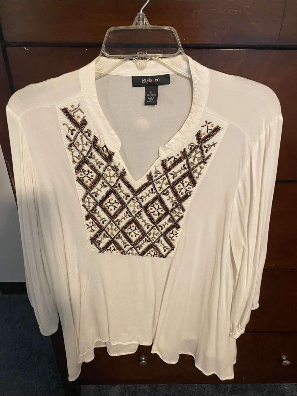 Style & Co. Cream Blouse with Brown Embroidered V-Neck